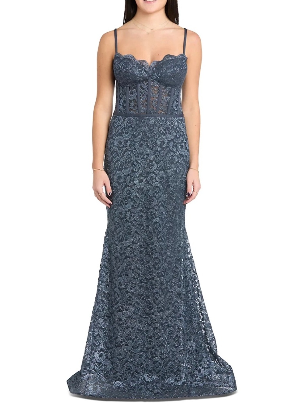 Morgan & Co Navy Lace Corset Maxi Dress Elegant Formal